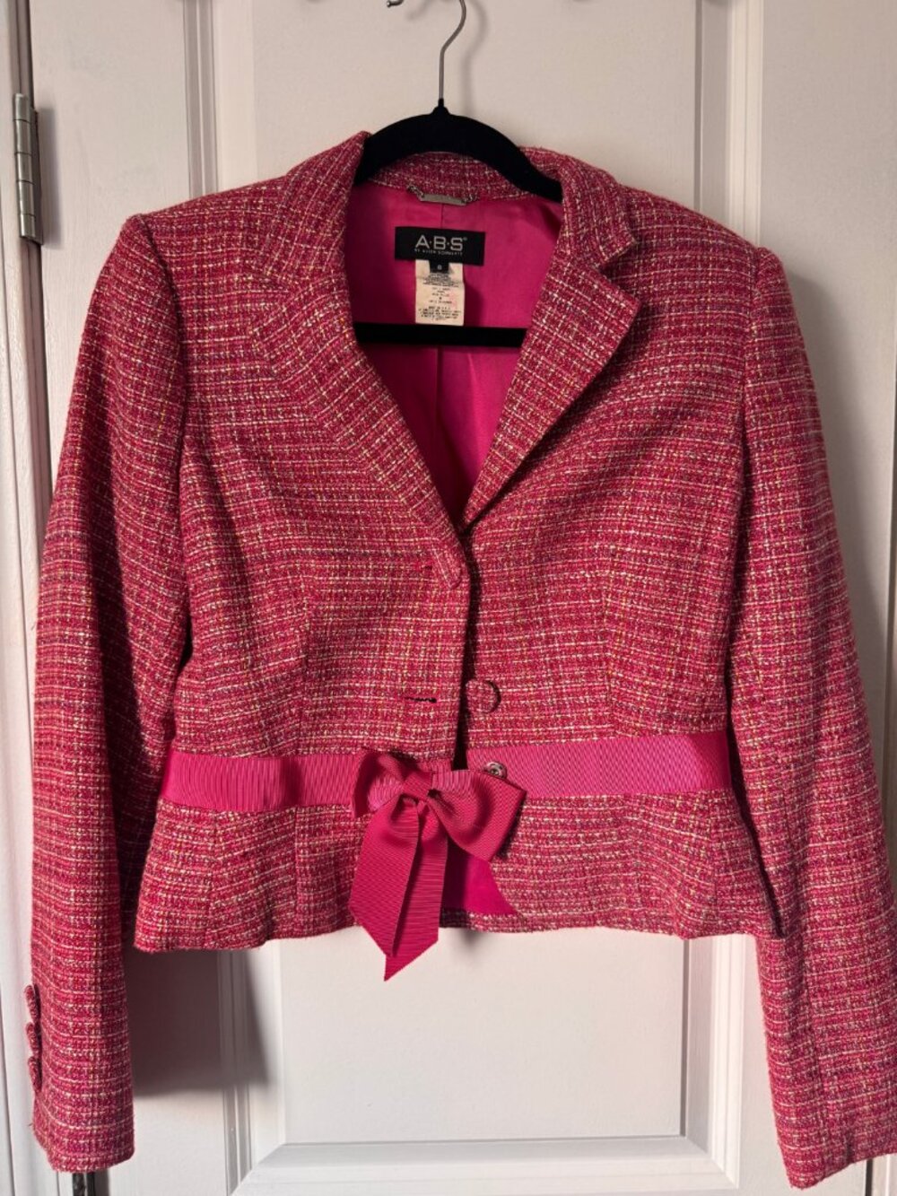 A.B.S. Allen Schwartz Pink Tweed Skirt Suit Set 6 Jackie O Bow Blazer Mini